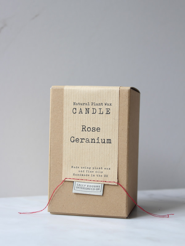 Sally Bourne Interiors Boxed Candle Rose Geranium natural ingredients
